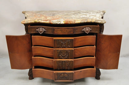 Antique French Louis XV Baroque Burl Walnut Marble Top Commode 5 Drawer Dresser