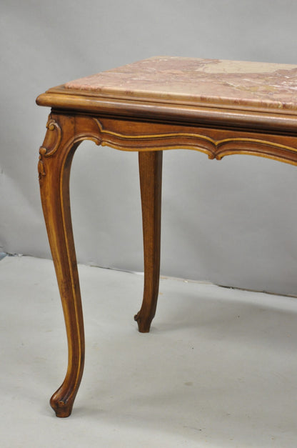 Antique French Louis XV Style Carved Walnut Rouge Marble Top Console Hall Table