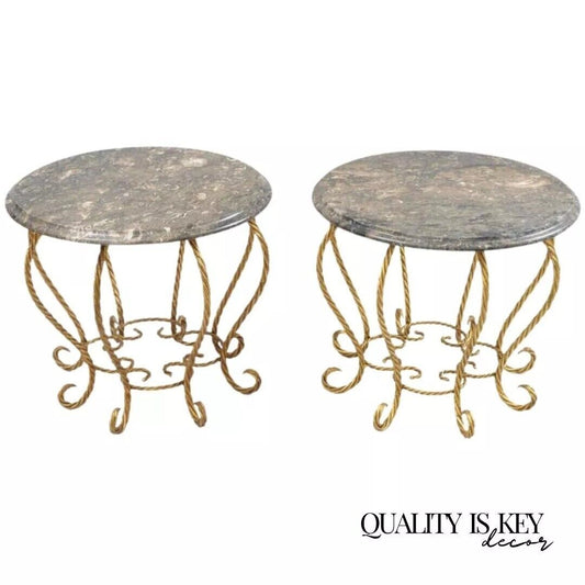 Italian Hollywood Regency Gold Gilt Iron Rope Round Marble Top Low Tables - Pair