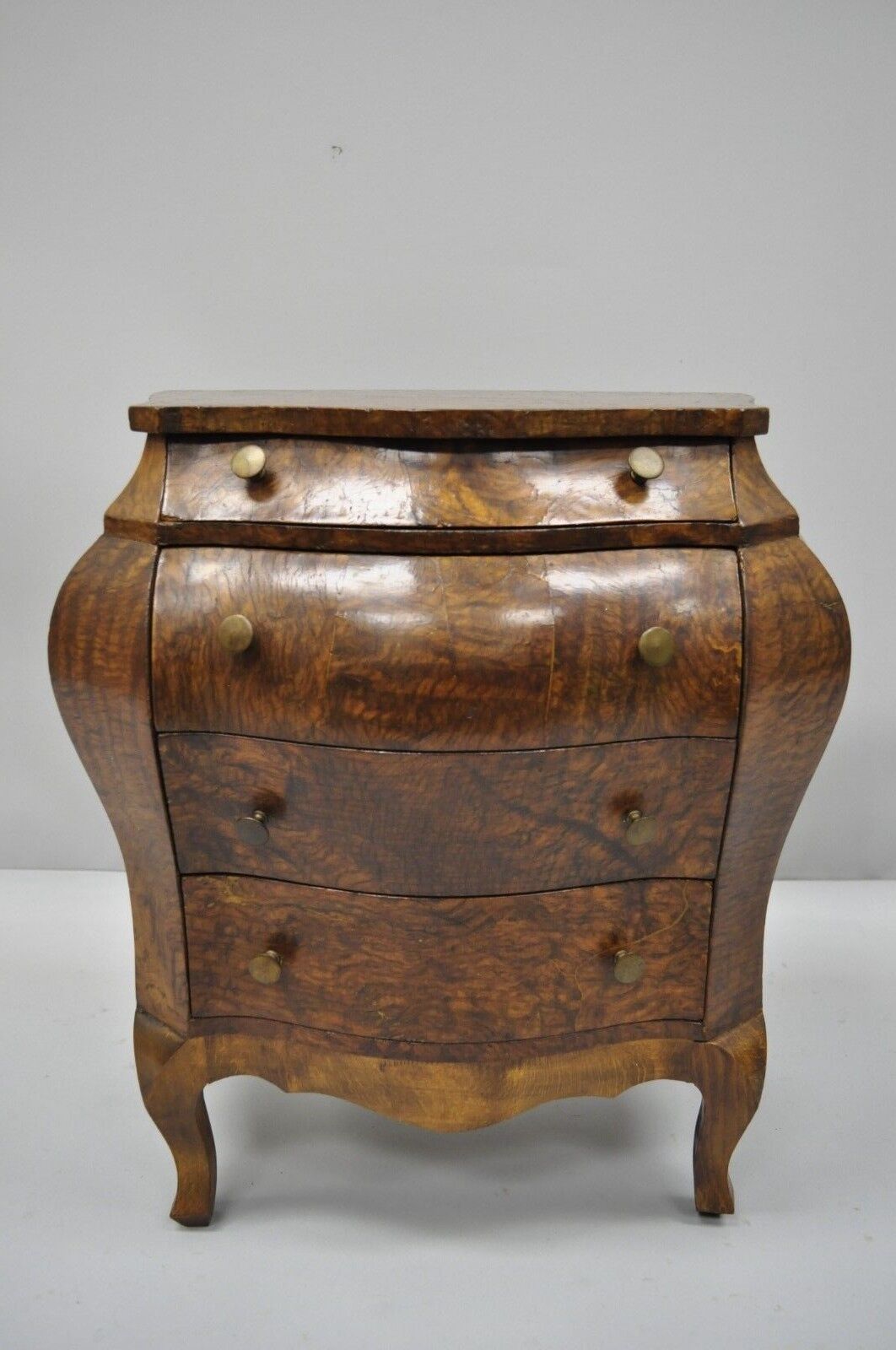 Small Italian Jewelry Chest Burl Olive Wood French Louis XV Style Bombe Commode