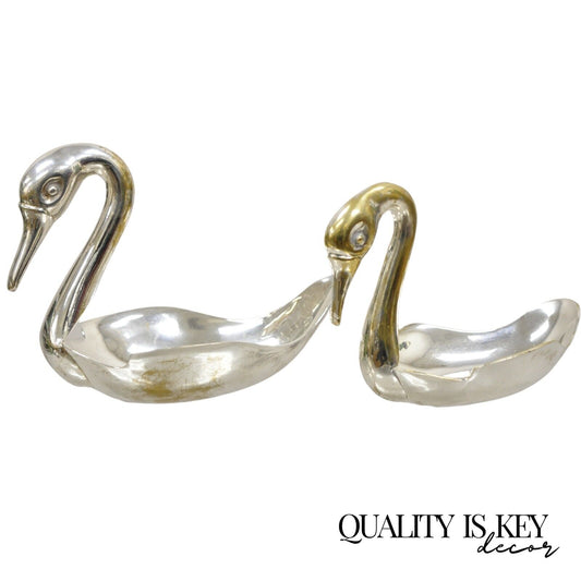 Modern Figural Silver Plated Copper Swan Bird Candy Dish Trinket Bowl - 2 Pcs