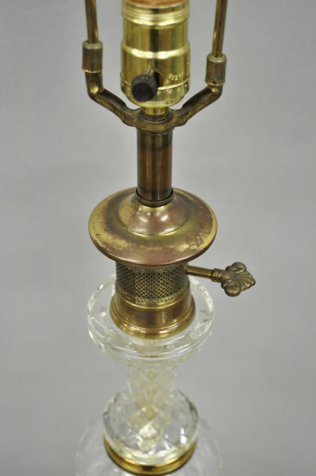 Vintage French Empire Style Crystal Glass Column Brass "Oil Lamp" Table Lamp