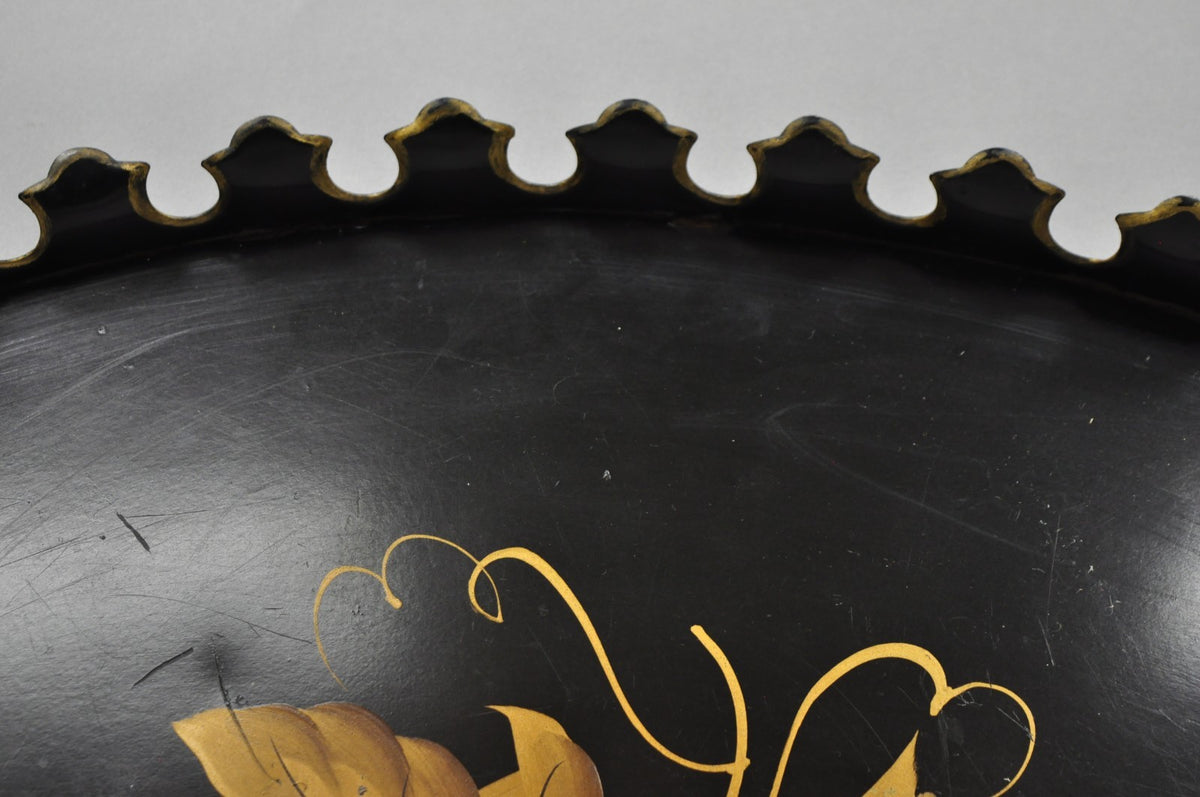 Vintage French Country Black and Gold Hand Painted Oval Toleware Serving Tray
