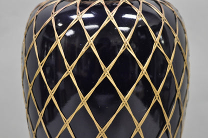 Antique Chinoiserie Japanese Cobalt Blue Porcelain Vase Brass Lattice Table Lamp