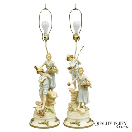 Antique L&F Moreau Victorian Painted Spelter Metal Figural Table Lamps - a Pair