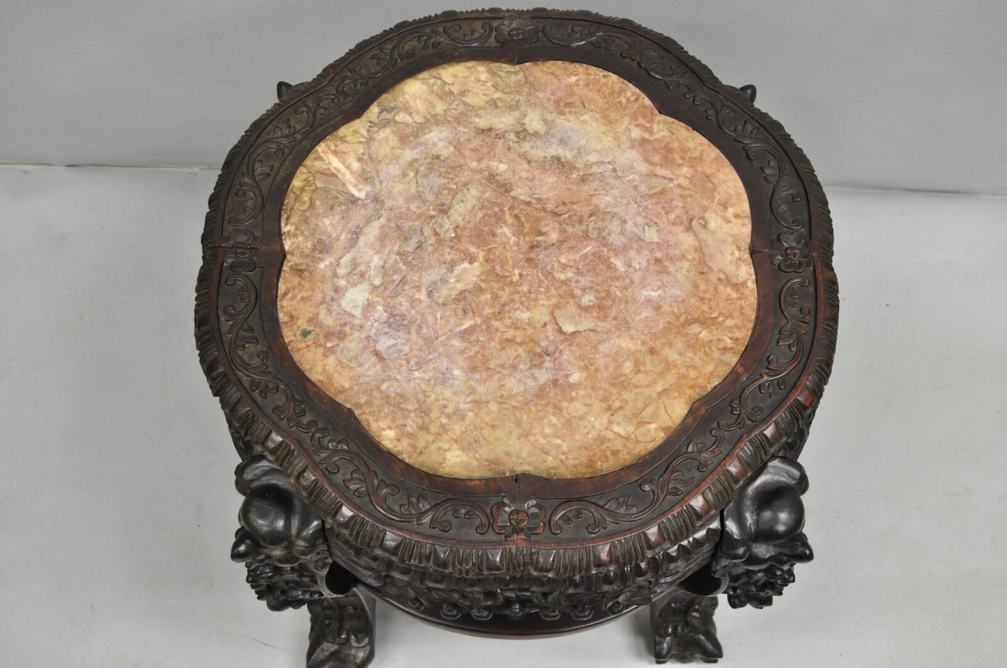 Antique Chinese Carved Hardwood Marble Top Pedestal Plant Stand Low Side Table