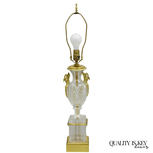 French Empire Regency Baccarat Style Glass Crystal Urn Table Lamp w/ Brass Swans