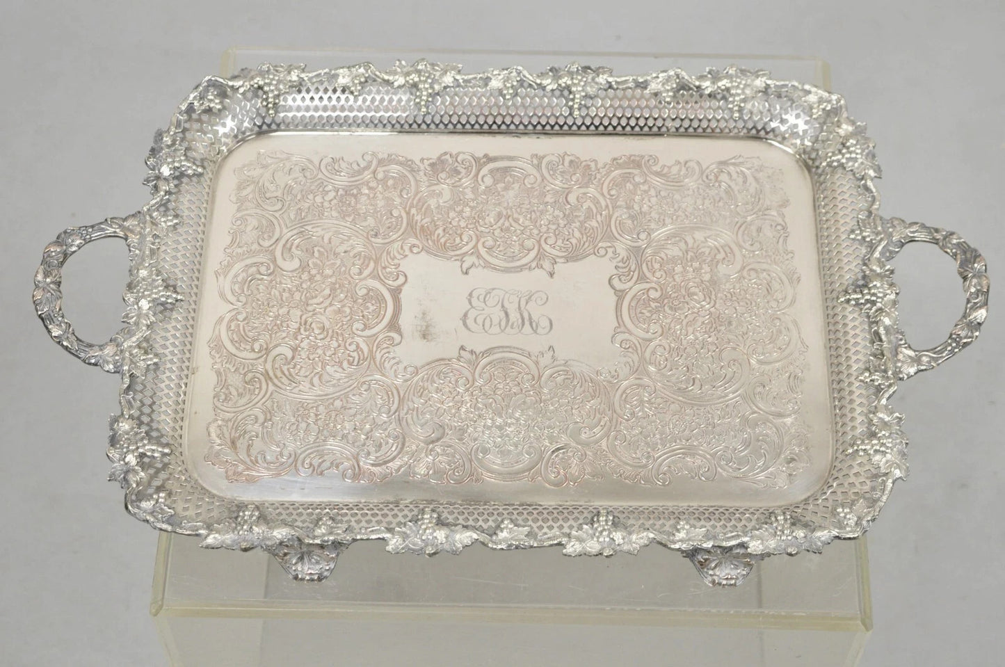 Antique Victorian Silver Plated Grapevine Repousse Platter Bar Tray w/ Monogram