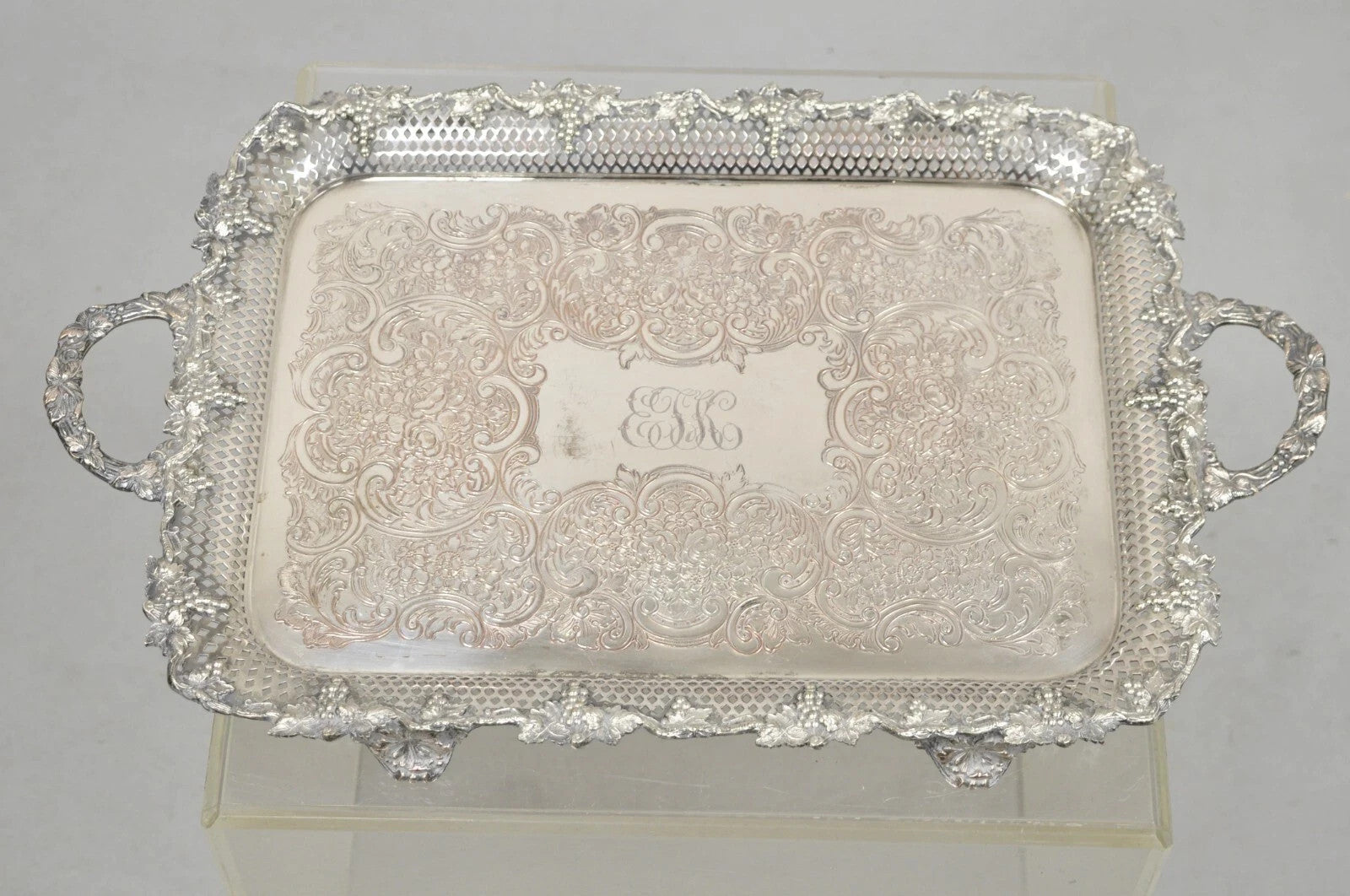 Antique Victorian Silver Plated Grapevine Repousse Platter Bar Tray w/ Monogram