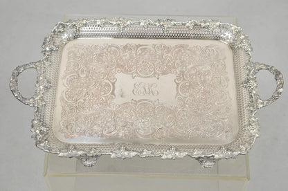 Antique Victorian Silver Plated Grapevine Repousse Platter Bar Tray w/ Monogram