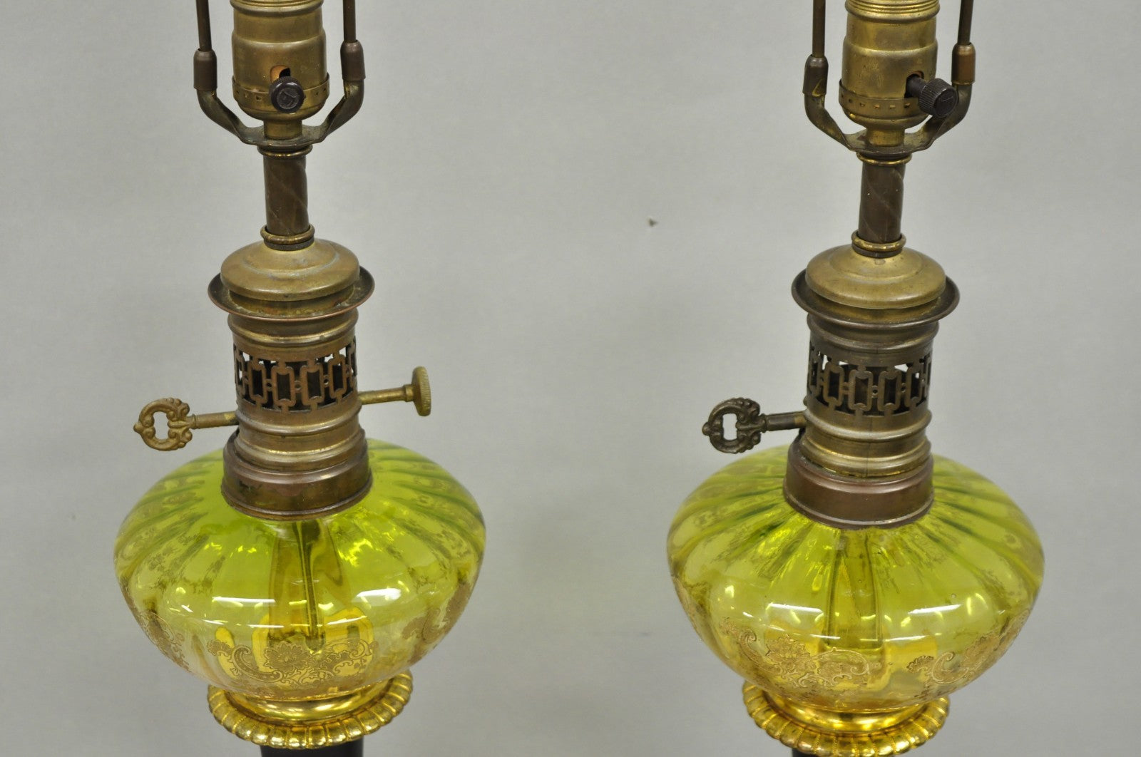 Antique Victorian French Black Porcelain Bronze Ormolu Oil Lamp Table Lamps Pair