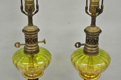 Antique Victorian French Black Porcelain Bronze Ormolu Oil Lamp Table Lamps Pair