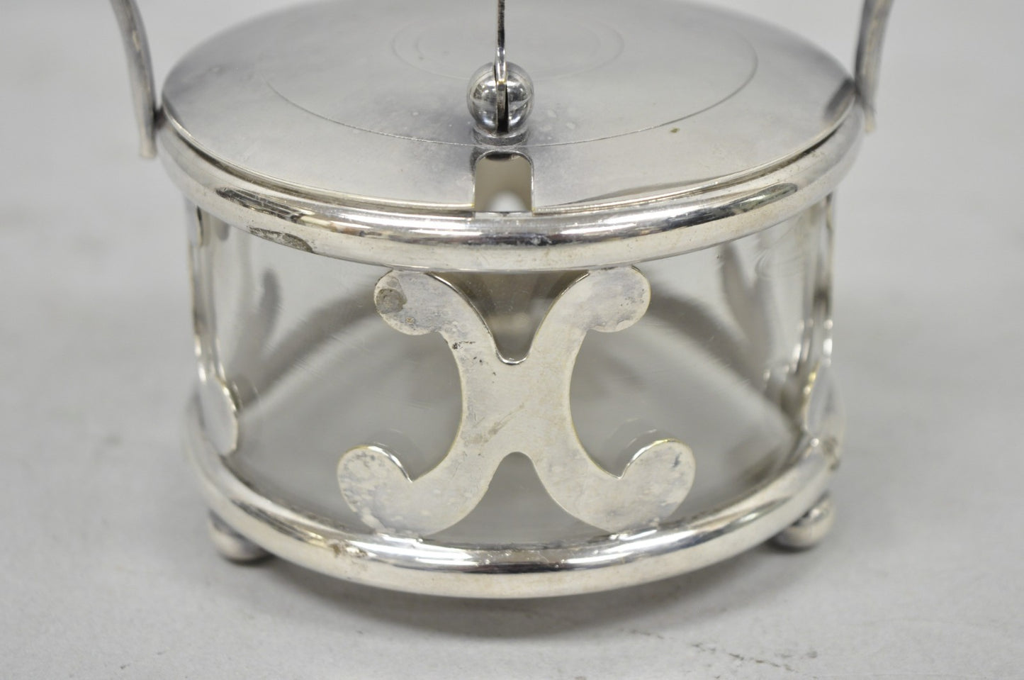 Vintage Art Deco Style Silver Plated Hinged Glass Grated Cheese Jar Sugar Bowl