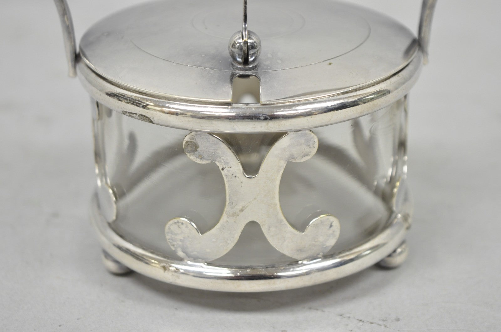 Vintage Art Deco Style Silver Plated Hinged Glass Grated Cheese Jar Sugar Bowl