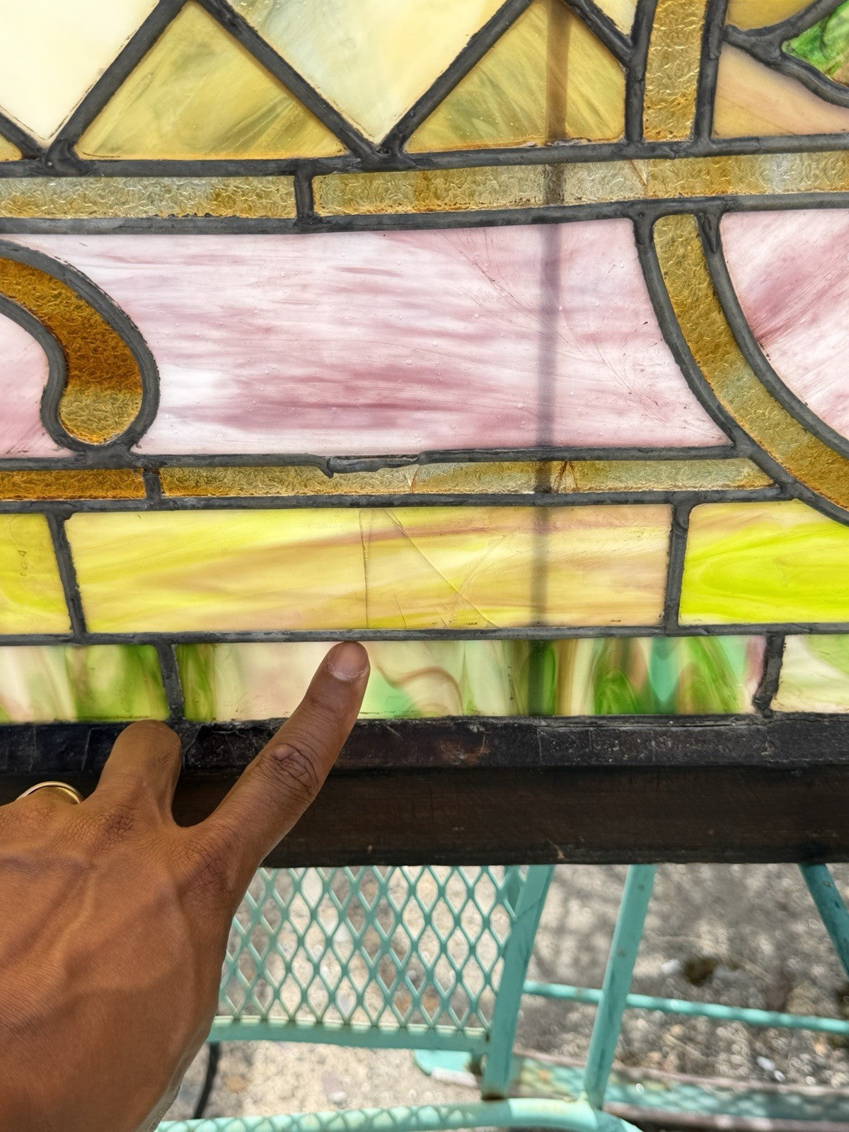 Antique Art Nouveau Colored Stained Glass Fruit 27 x 75 Arched Transom Window, B