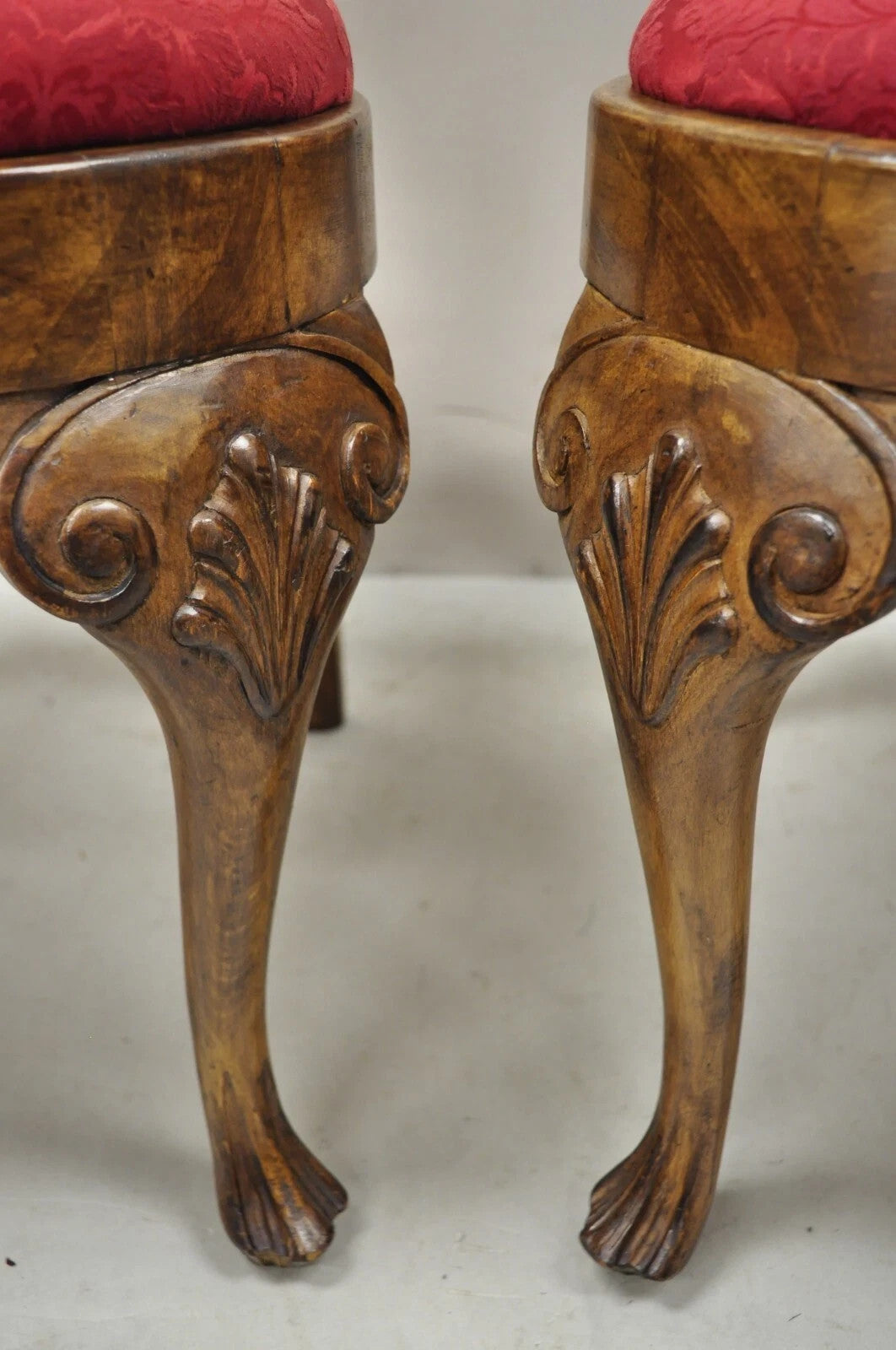 Vintage English Queen Anne Shell Carved Solid Wood Dining Side Chairs - Set of 8