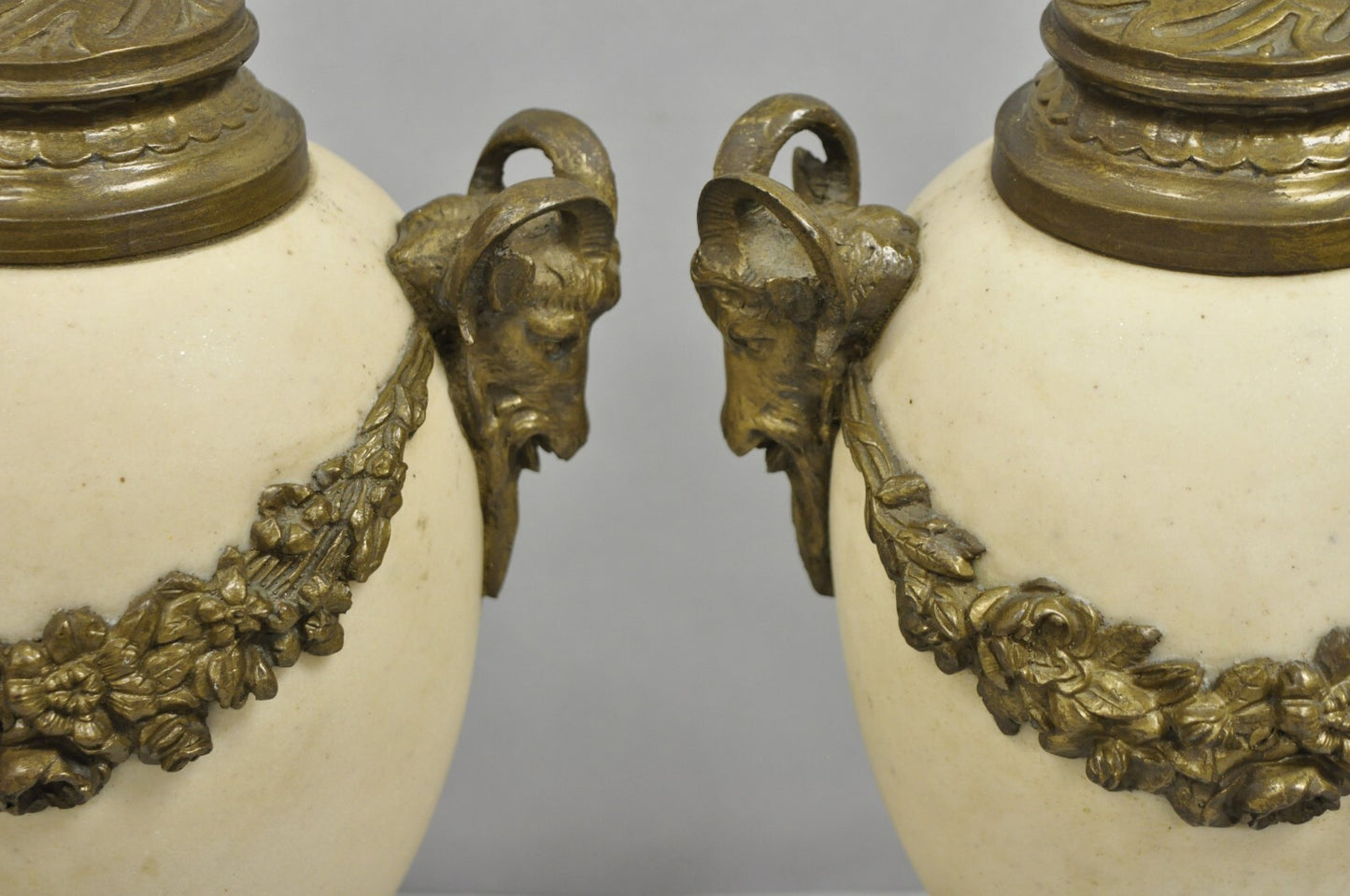 Vintage French Neoclassical Marble & Bronze Rams Head Urn Cassolettes - a Pair