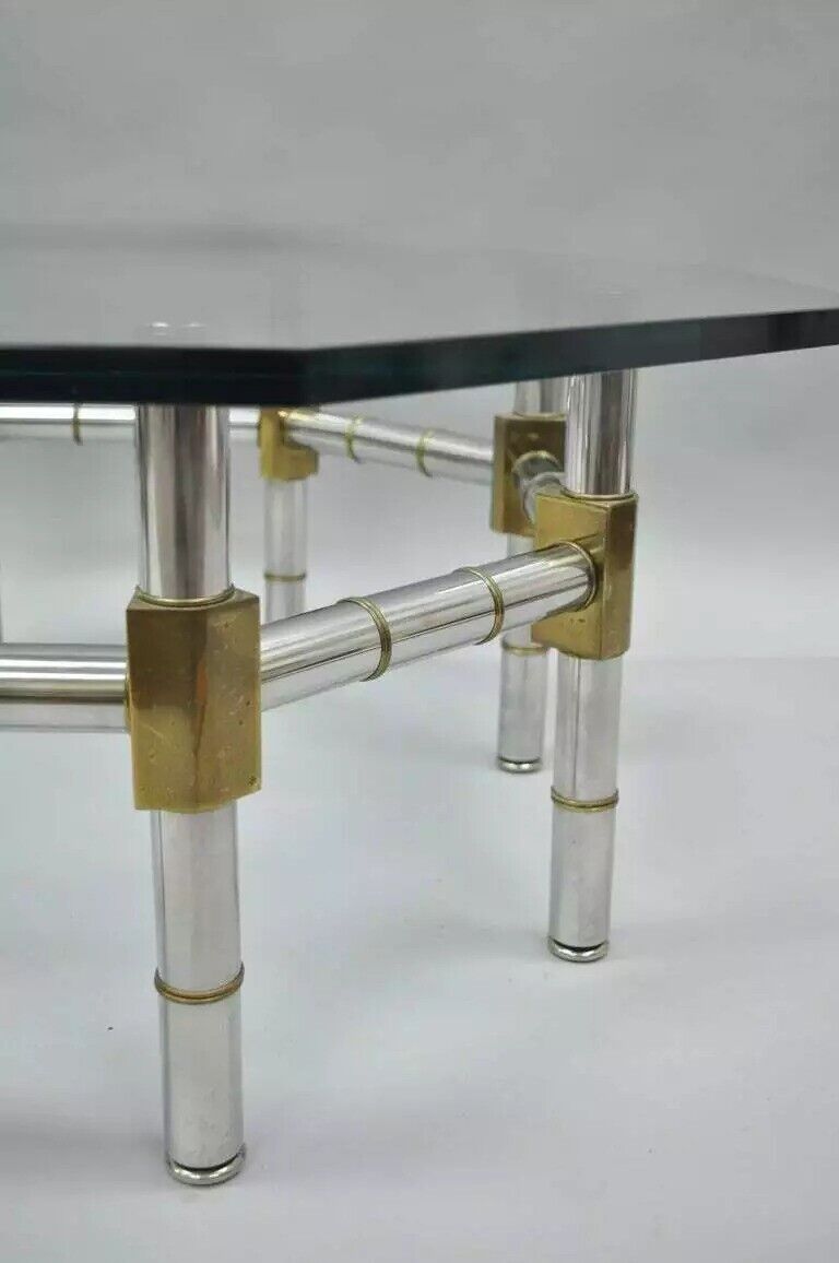 Mid Century Modern Chrome and Brass Faux Bamboo Octagonal Glass Top Coffee Table