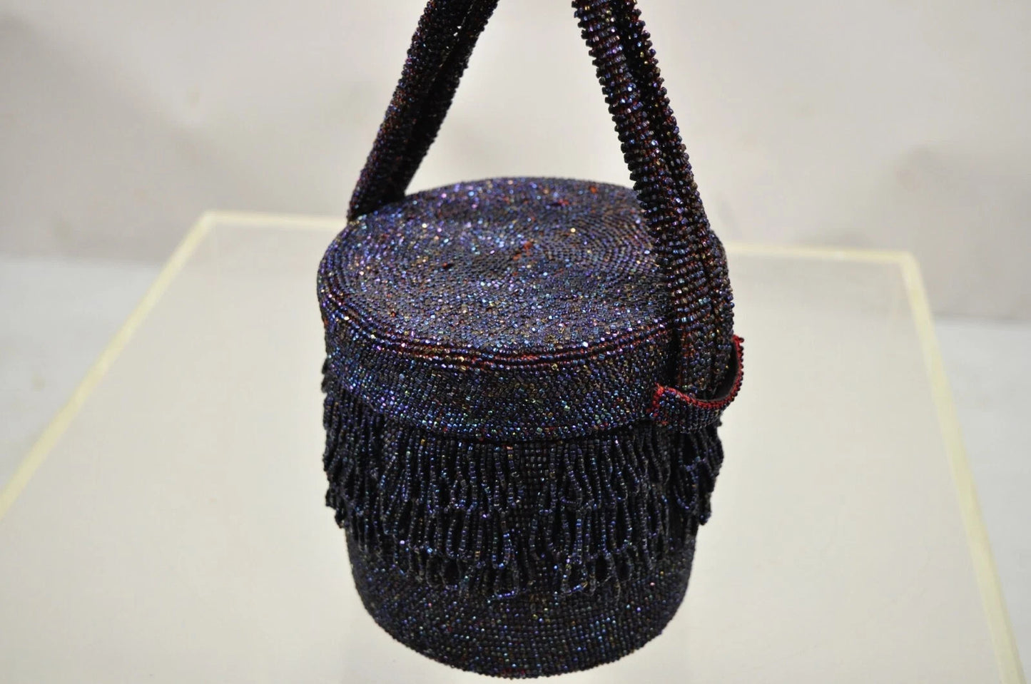 Vintage French Art Deco Blue Red Beaded Handbag Round Box Purse with Mirror