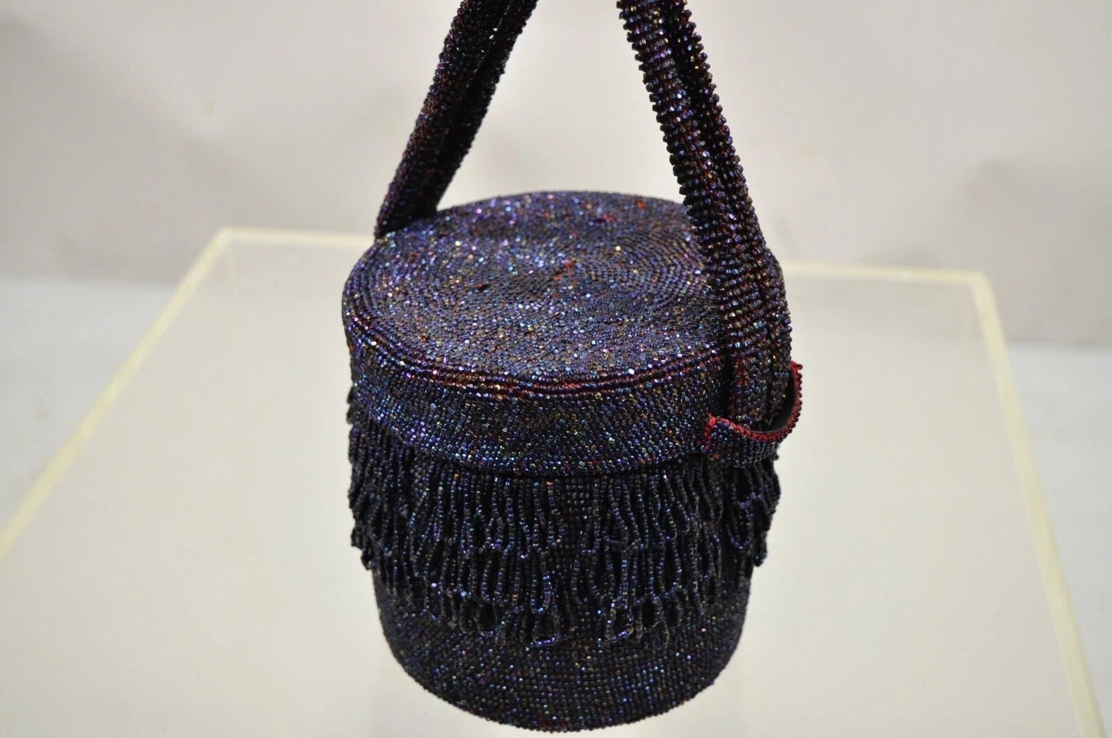 Vintage French Art Deco Blue Red Beaded Handbag Round Box Purse with Mirror
