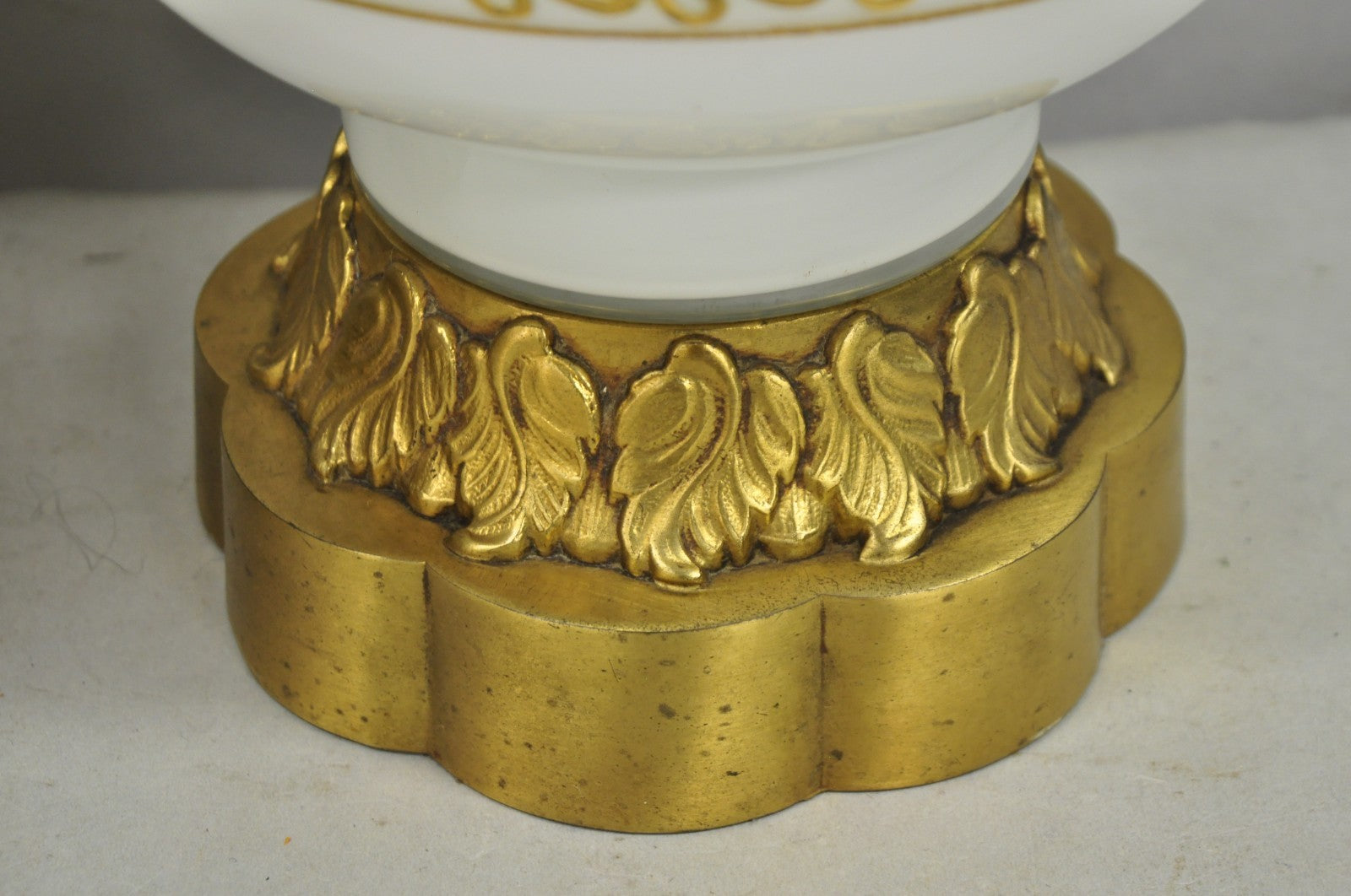 Vintage Hollywood Regency White Glass Gold Gilt Jardiniere Table Lamps - a Pair