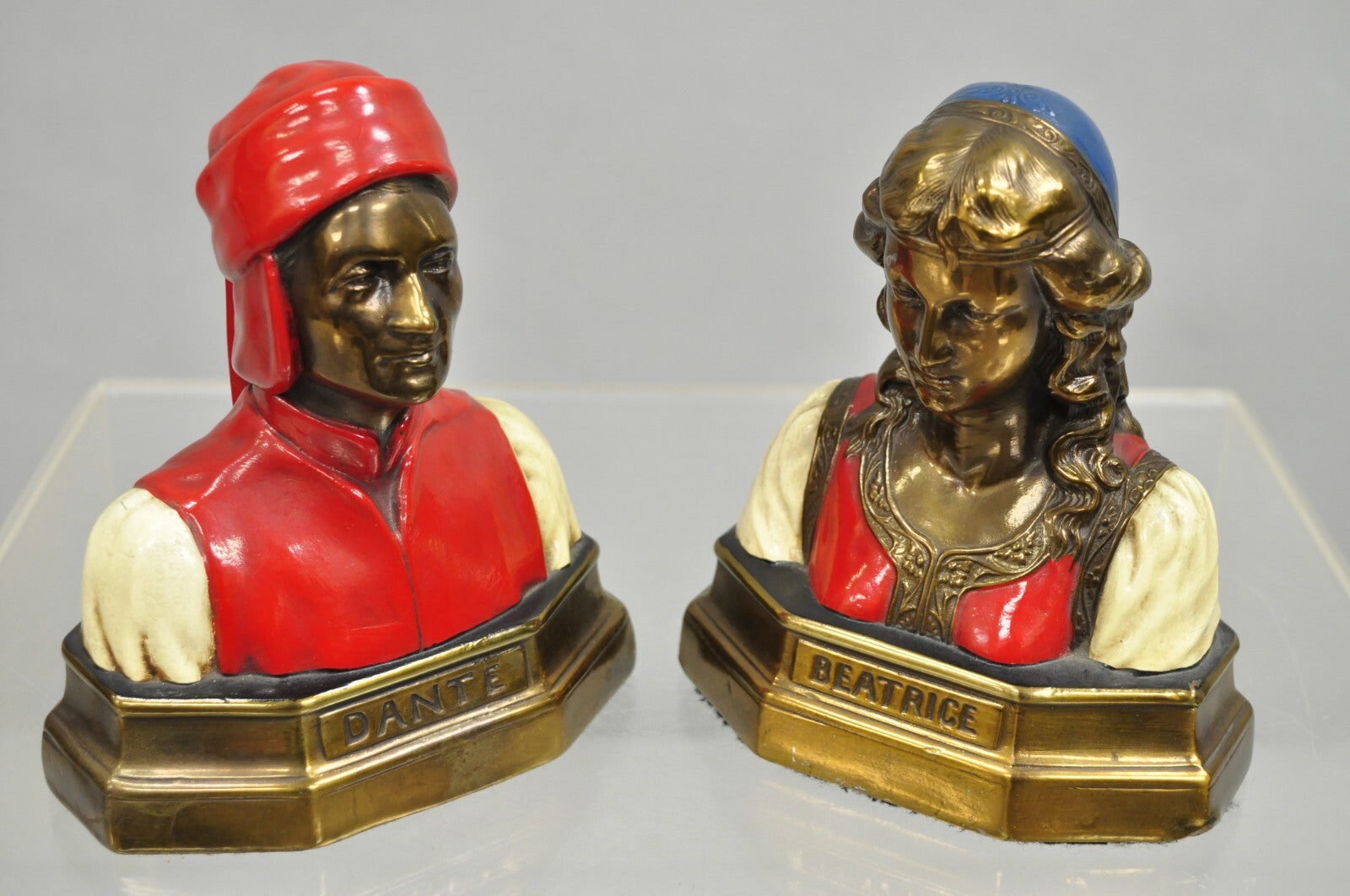 Antique Dante & Beatrice Painted Figural Bronze Bust Bookends - a Pair
