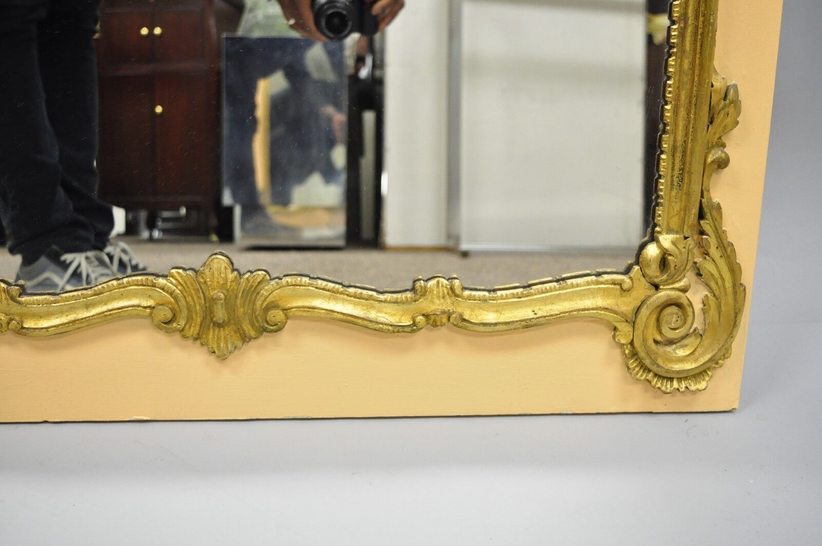 Antique French Louis XV Style Large Peach & Gold Giltwood Trumeau Wall Mirror