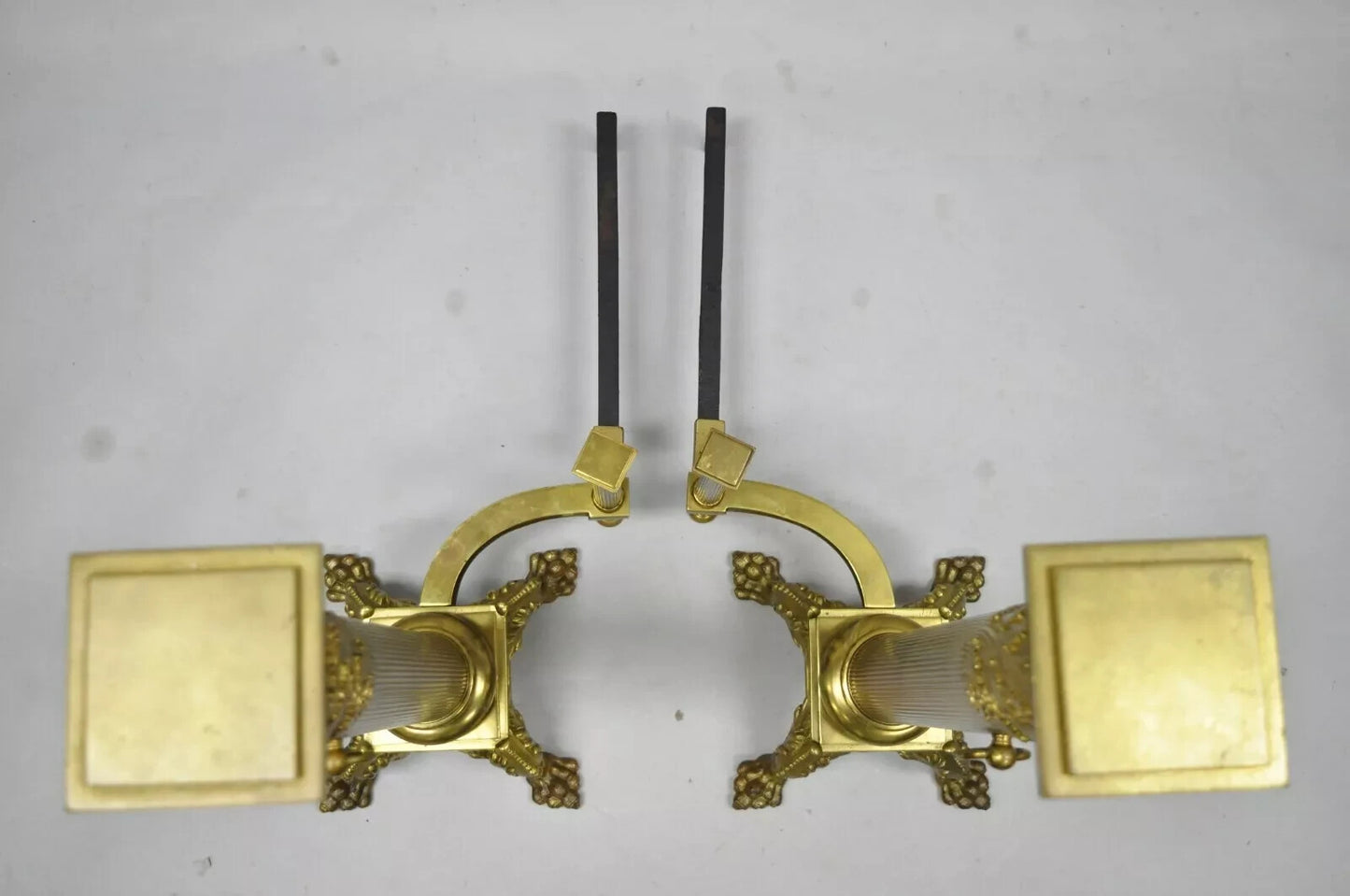 19th C. French Empire Bronze Large 32" Paw Foot Column Fireplace Andirons - Pair