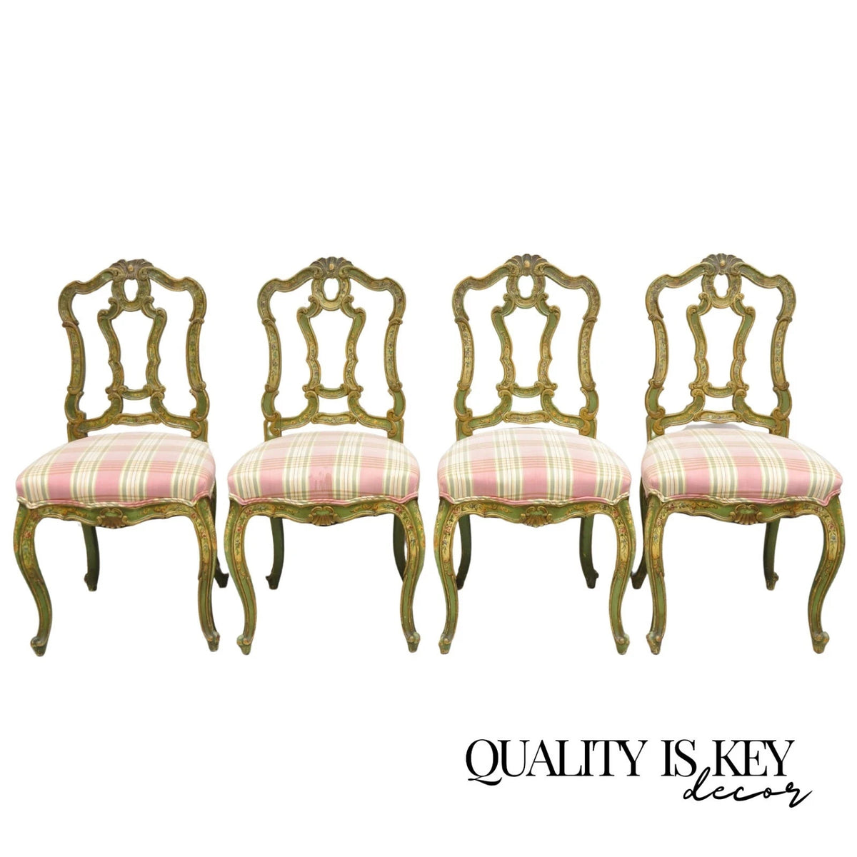 Antique Italian Venetian Green Floral Hand Painted Dining Side Chairs - Set of 4