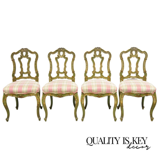 Antique Italian Venetian Green Floral Hand Painted Dining Side Chairs - Set of 4