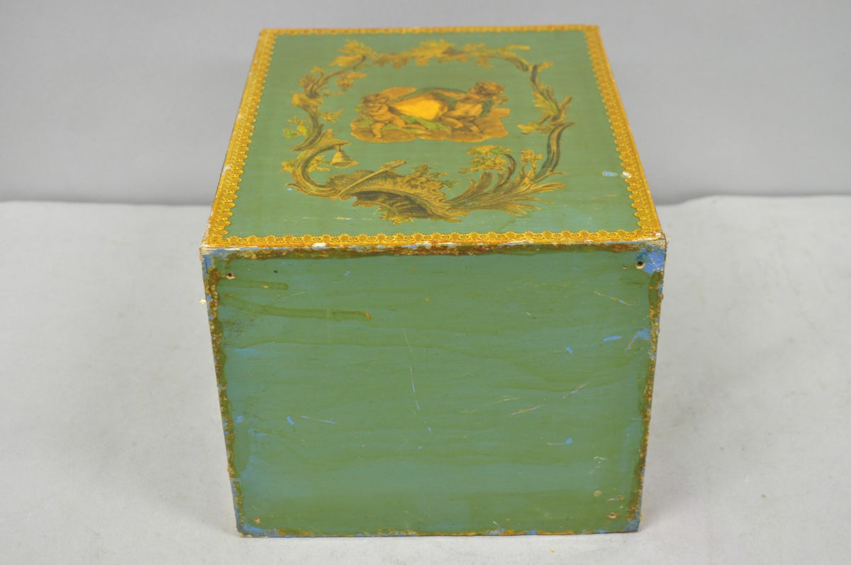 Vintage Italian Venetian Decoupage Green Gold Papier Mache Wastebasket Trash Can