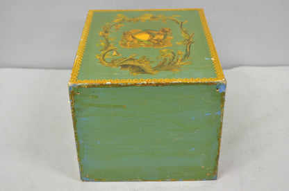 Vintage Italian Venetian Decoupage Green Gold Papier Mache Wastebasket Trash Can