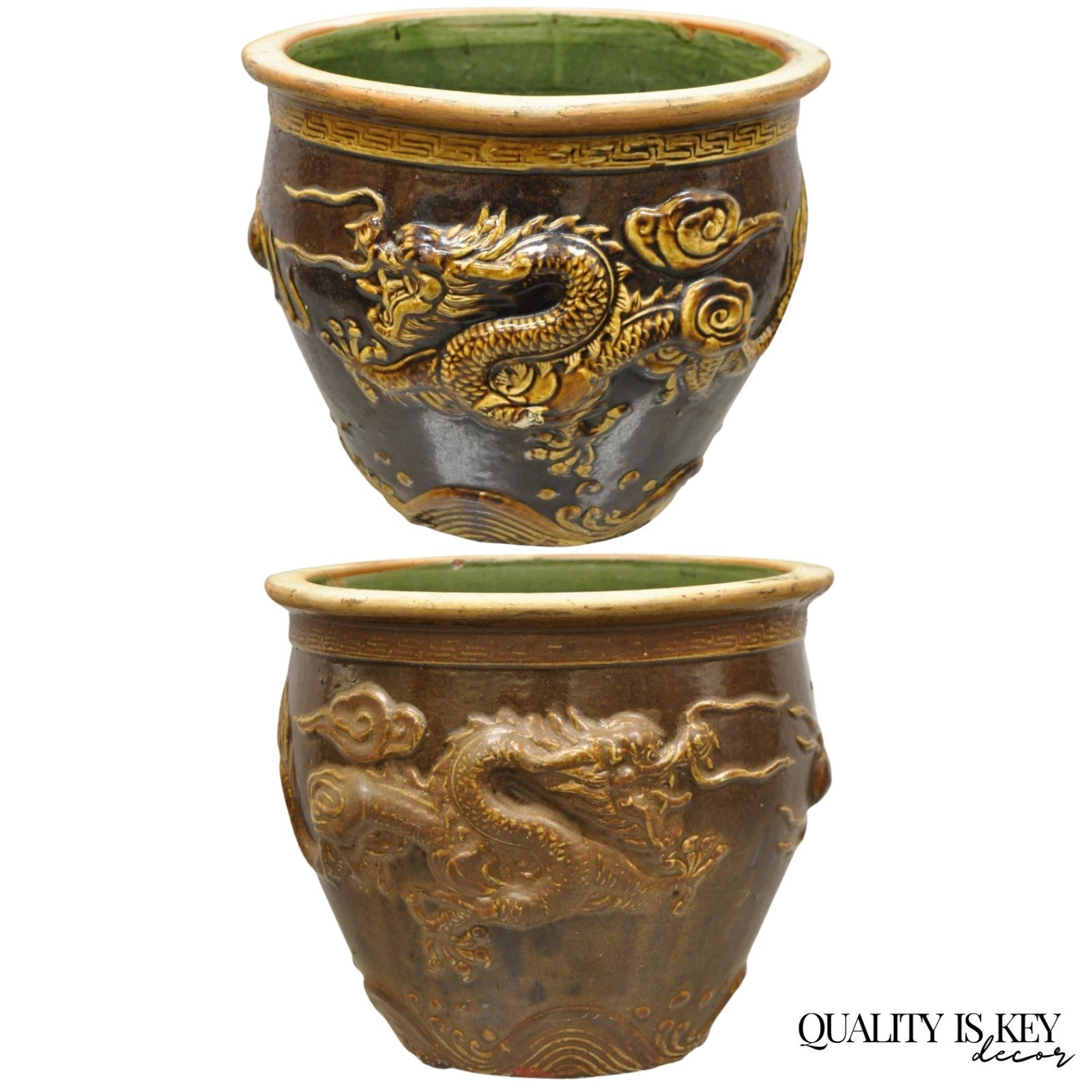 Antique Chinese Brown Glazed Ceramic Pottery Dragon Cachepot Jardinière - Pair
