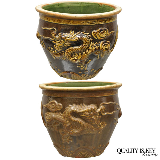 Antique Chinese Brown Glazed Ceramic Pottery Dragon Cachepot Jardinière - Pair