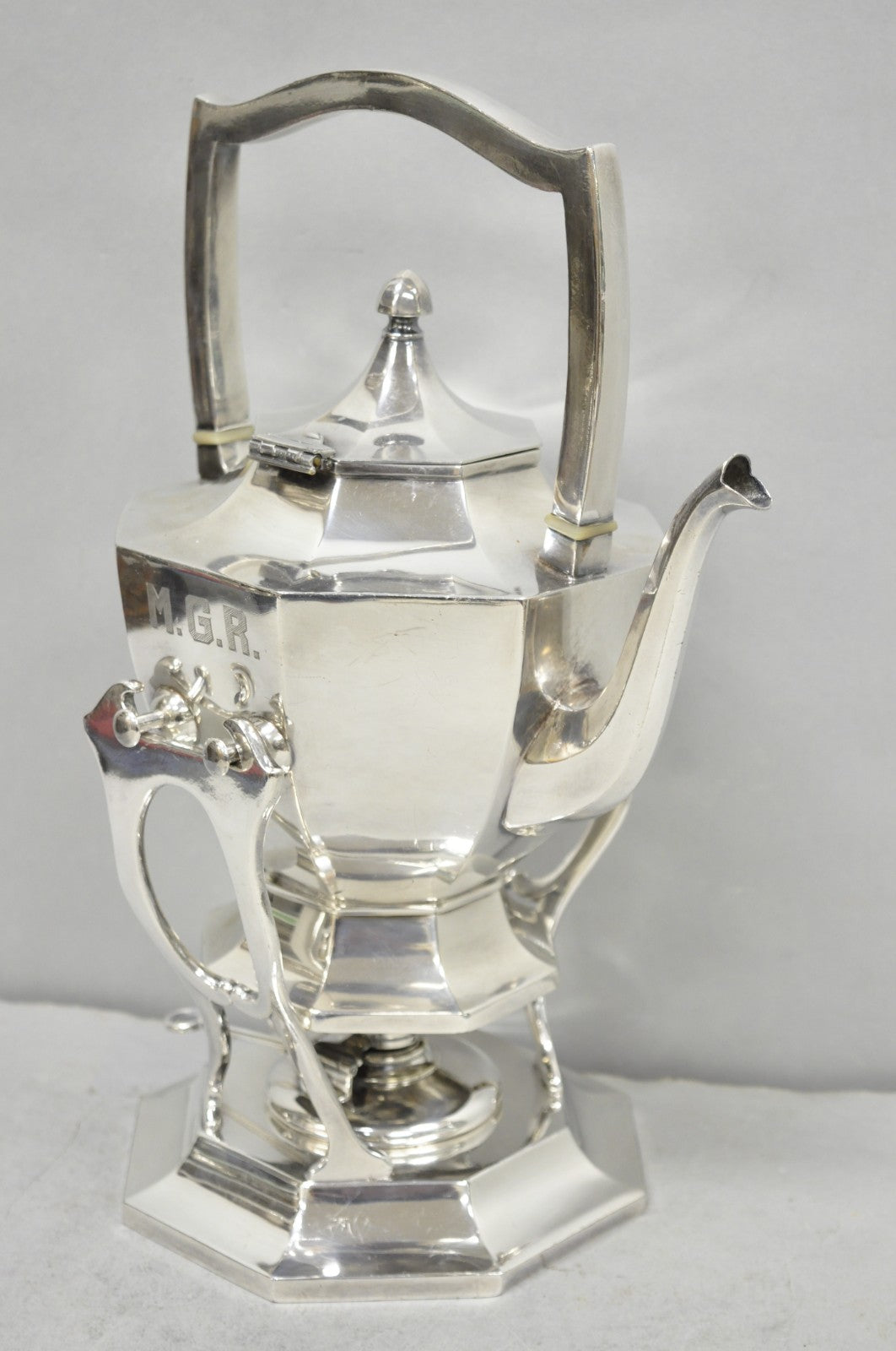 Antique Wilcox Art Deco Silver Plated Tilting Coffee Teapot on Stand "M.G.R."