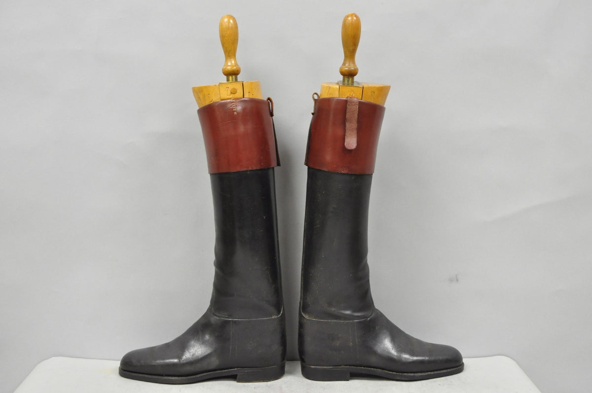 Vintage Maxwell London English Leather Black & Brown Horse Riding Boots w/ Trees