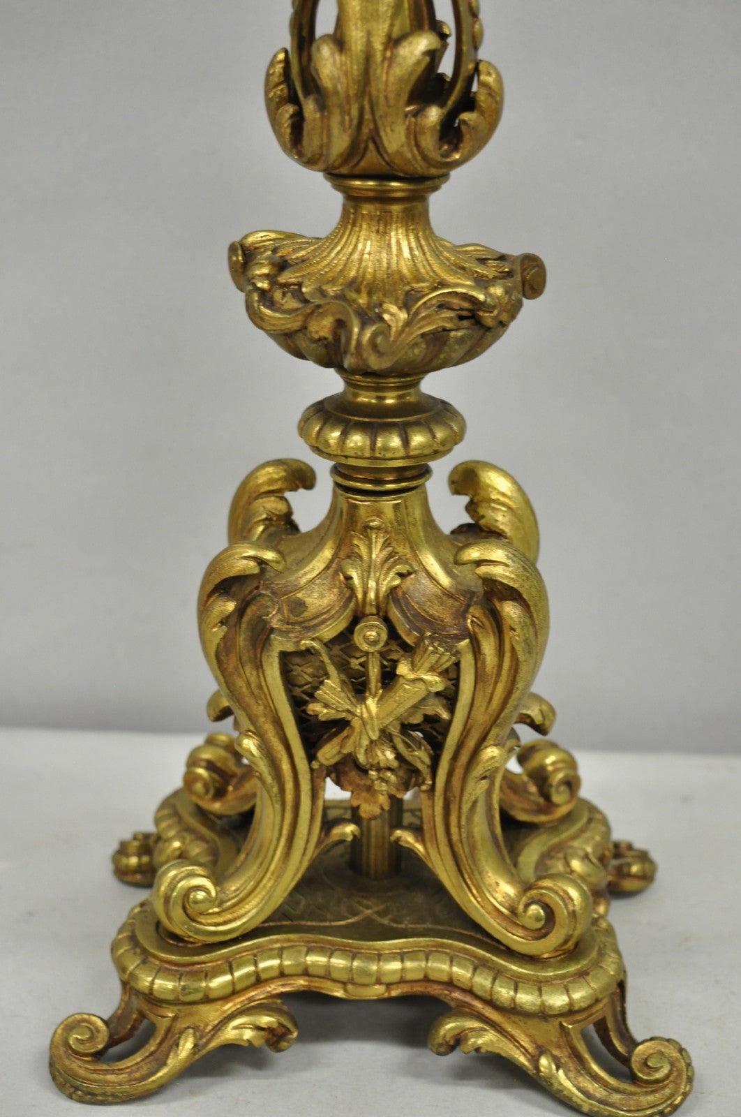 Antique French Rococo Baroque Gold Bronze Leafy Scroll Candelabra Table Lamp