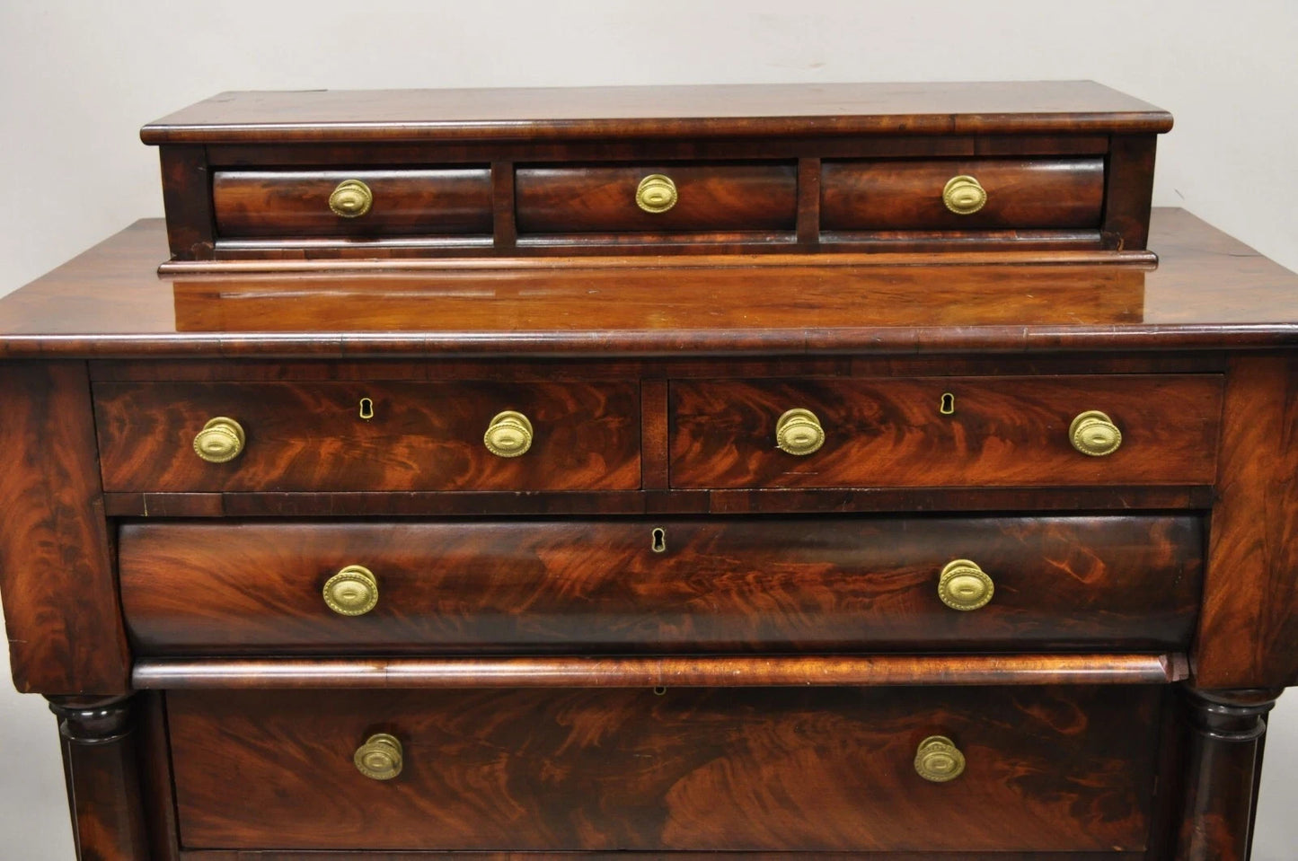 Antique American Empire Crotch Mahogany Step Back Tall Chest Dresser w/ Paw Feet