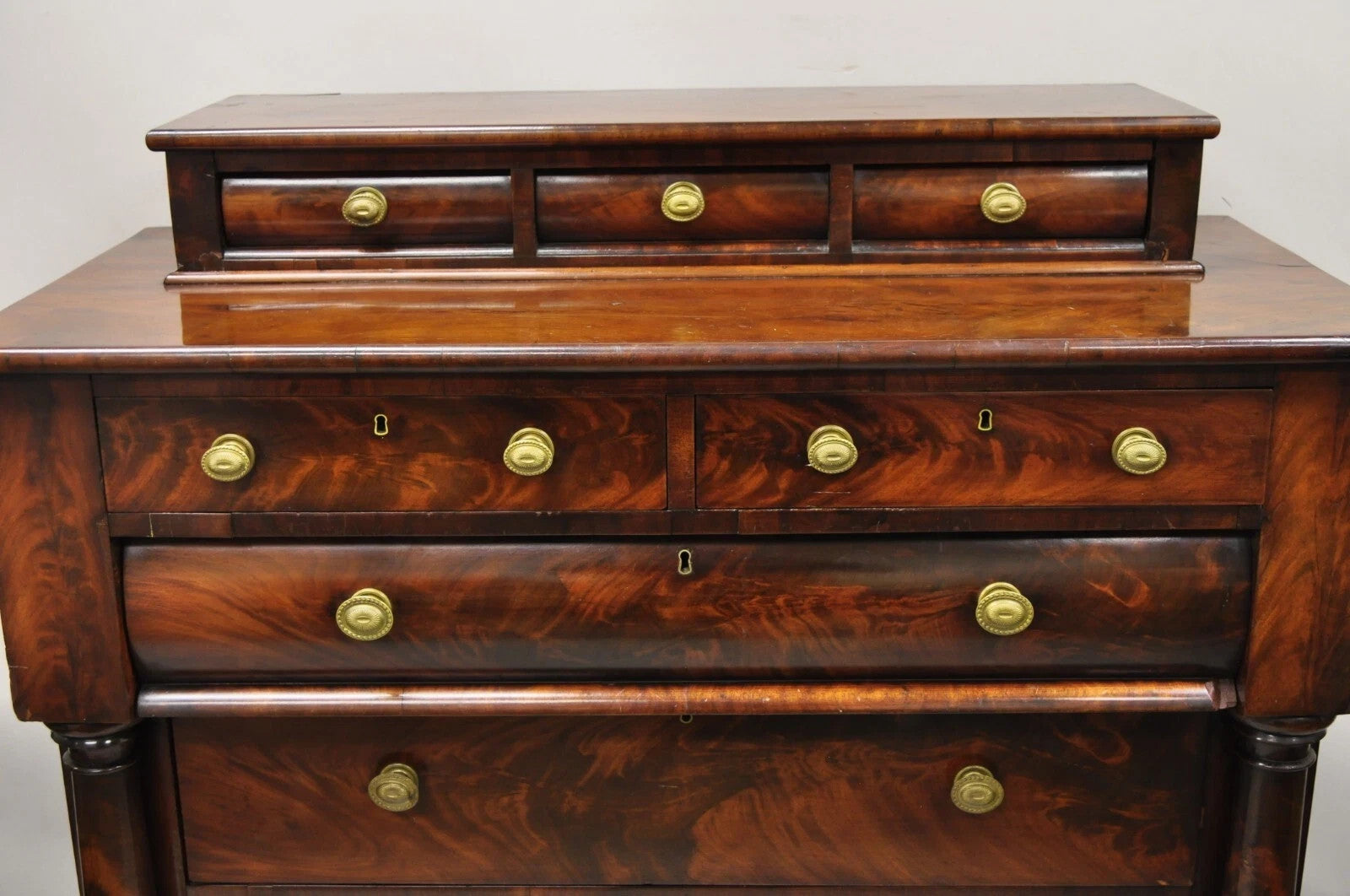 Antique American Empire Crotch Mahogany Step Back Tall Chest Dresser w/ Paw Feet
