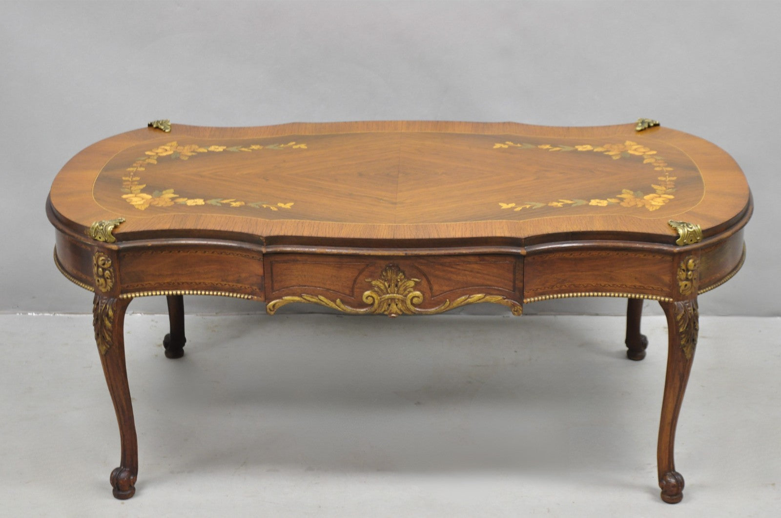 Antique French Louis XV Style Floral Inlay Walnut Coffee Table with Drawer