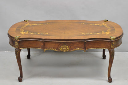 Antique French Louis XV Style Floral Inlay Walnut Coffee Table with Drawer