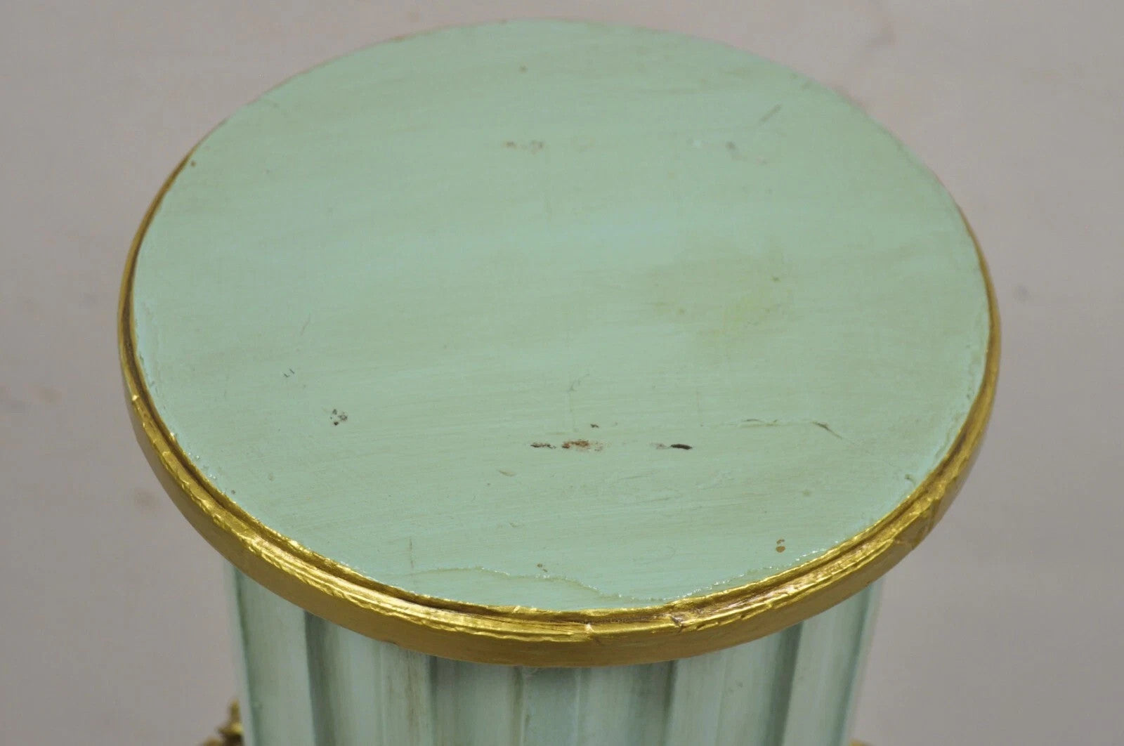 Antique French Empire Neoclassical Green & Gold Painted Wooden Column Pedestal
