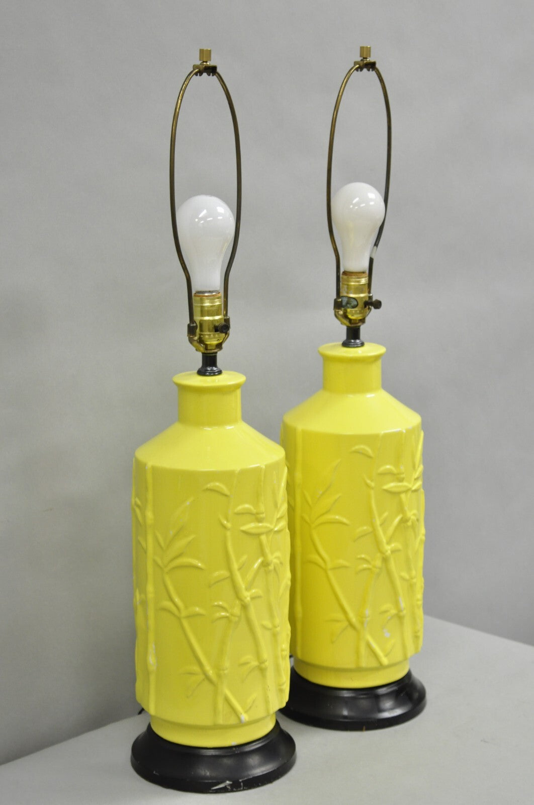 Vintage Hollywood Regency Yellow Ceramic Faux Bamboo Table Lamps - a Pair