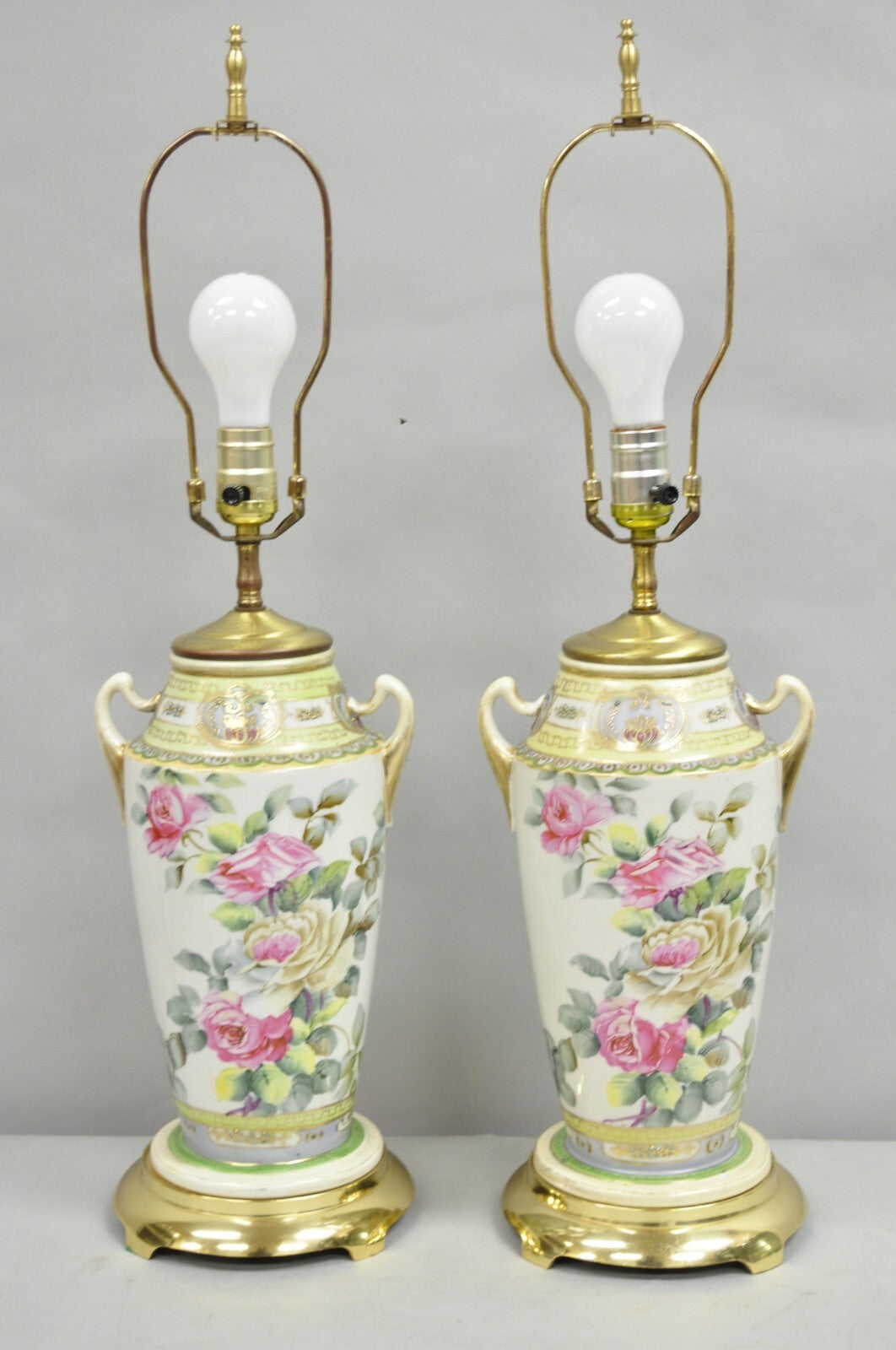 Antique French Victorian Hand Painted Porcelain Pink Rose Table Lamps - a Pair