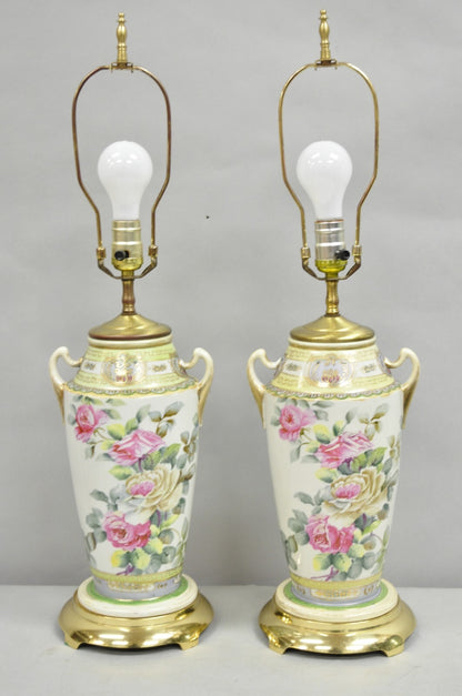 Antique French Victorian Hand Painted Porcelain Pink Rose Table Lamps - a Pair