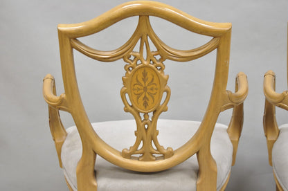 Hepplewhite Prince of Wales Drape Carved Shield Back Dining Arm Chairs - a Pair