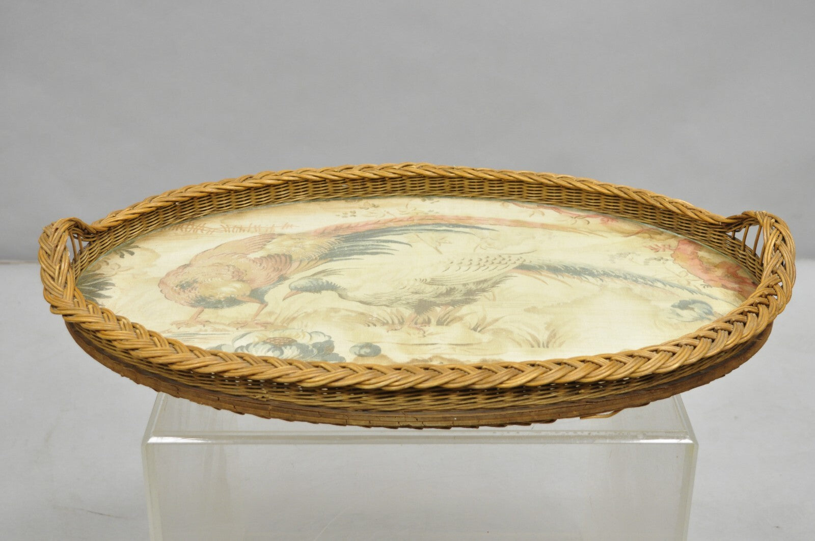 Antique French Victorian Wicker Pheasant Bird Tapestry Oval Bar Serving Tray