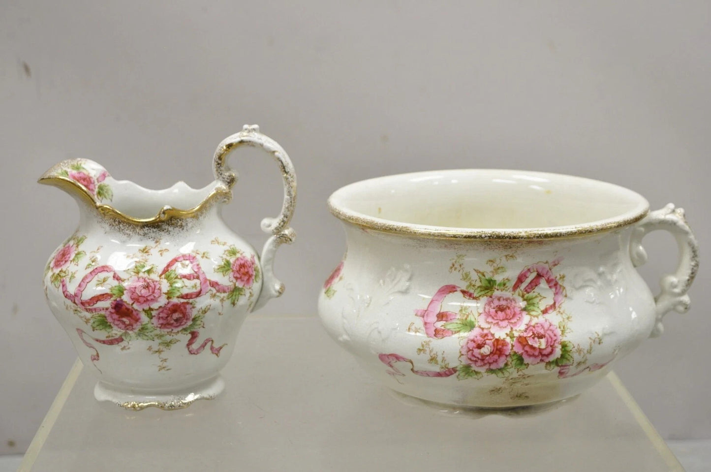 Antique WH Tatler Porcelain Pink Rose Flower Victorian Bath Wash Basin, 4 Pc Set