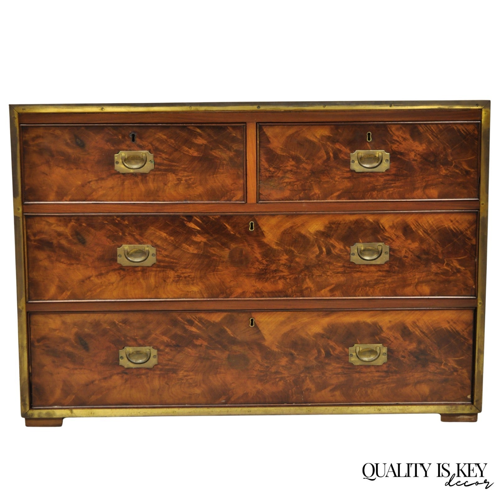 Antique English 4 Drawer Brass Banded Burr Walnut Campaign Chest Dresser