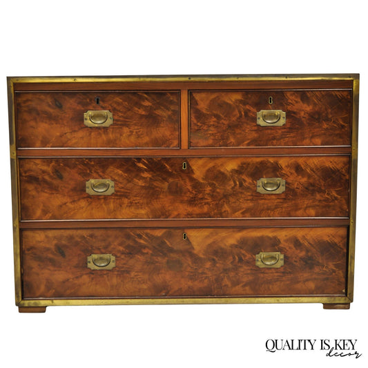 Antique English 4 Drawer Brass Banded Burr Walnut Campaign Chest Dresser